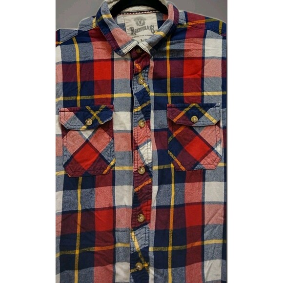 Roebuck & Co Red Blue Plaid Flannel Shirt Men's L Cotton Pockets Lumberjack Vibe - Picture 4 of 7